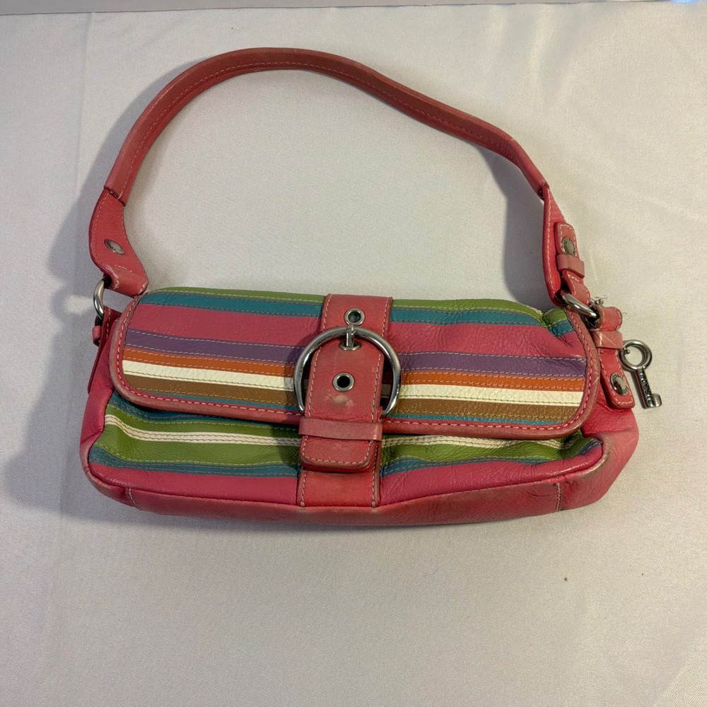 Fossil Vintage Multi-Color Striped Leather Baguette Shoulder Bag Pink Green Y2K